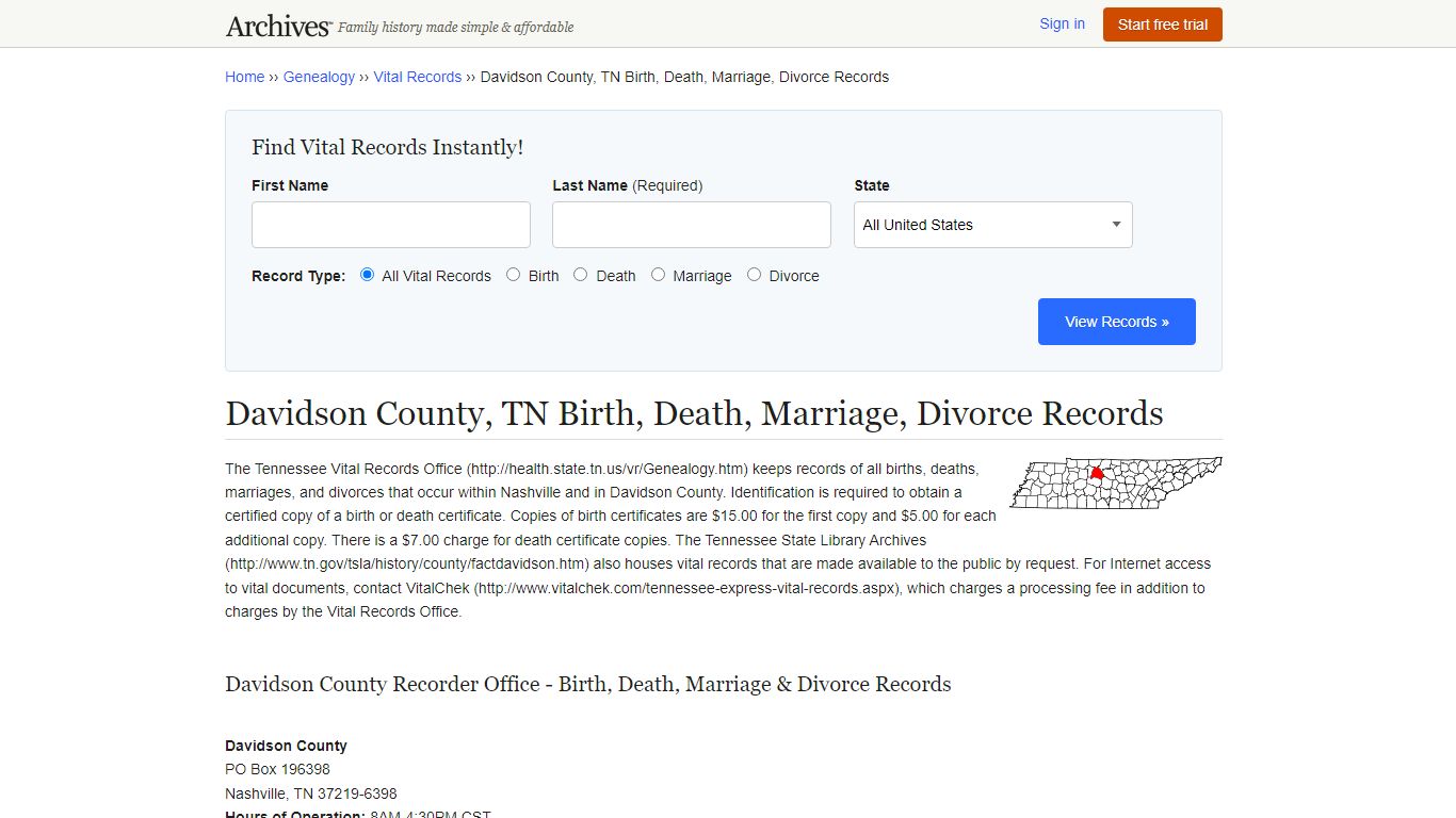 Davidson County, TN Birth, Death, Marriage, Divorce Records